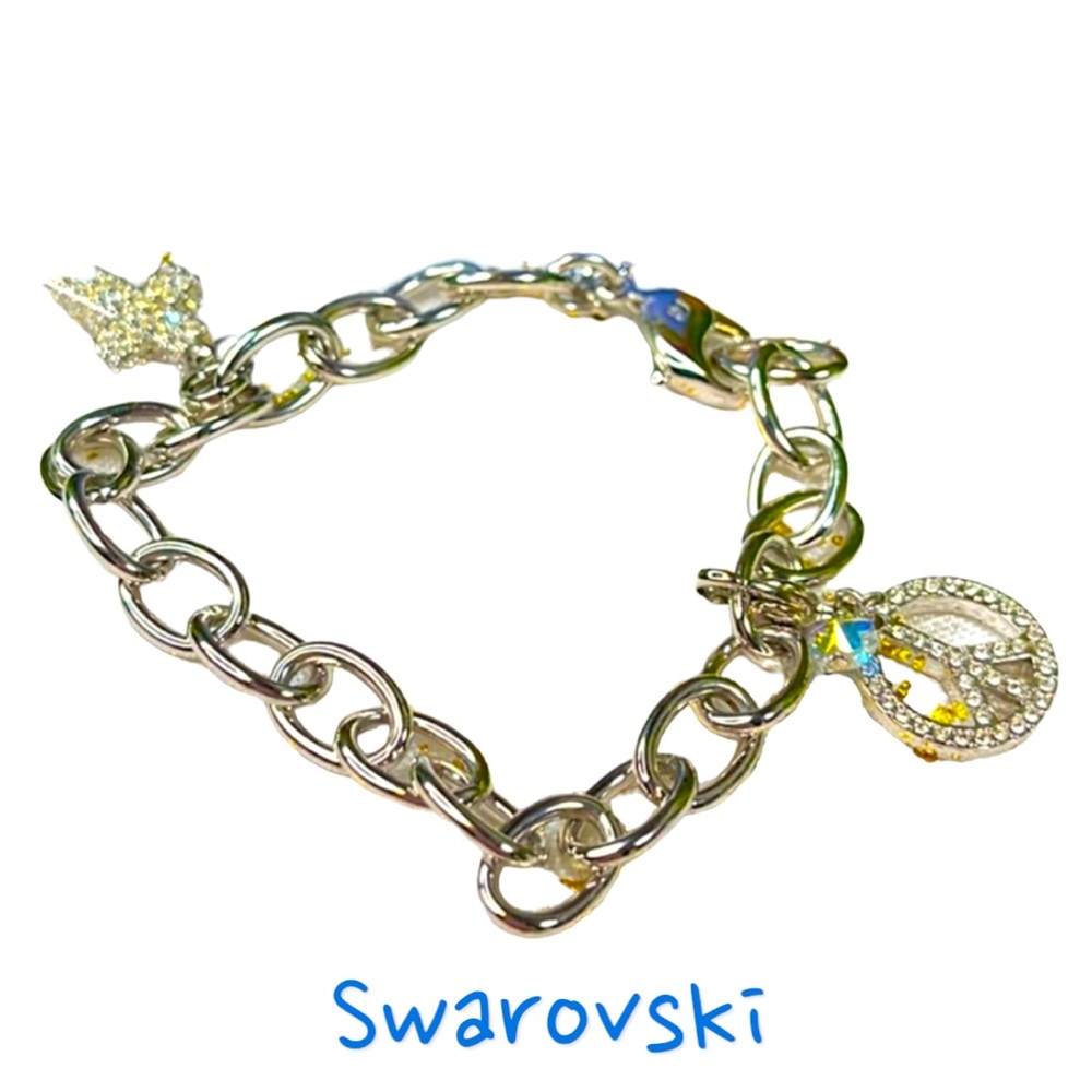 Swarovski bracelet with charms silver peace sign & cross 3 pc lot